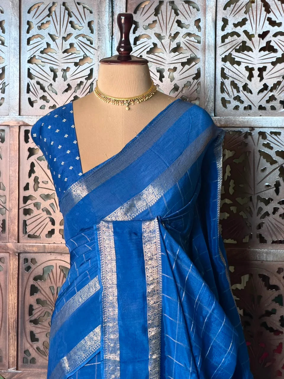Royal Blue Viscose Crepe Saree with Silver Zari Border