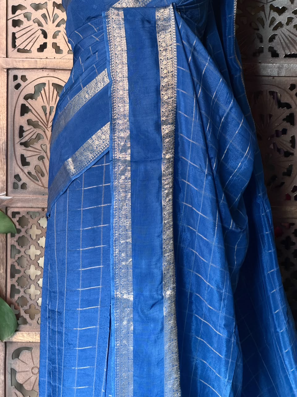 Royal Blue Viscose Crepe Saree with Silver Zari Border