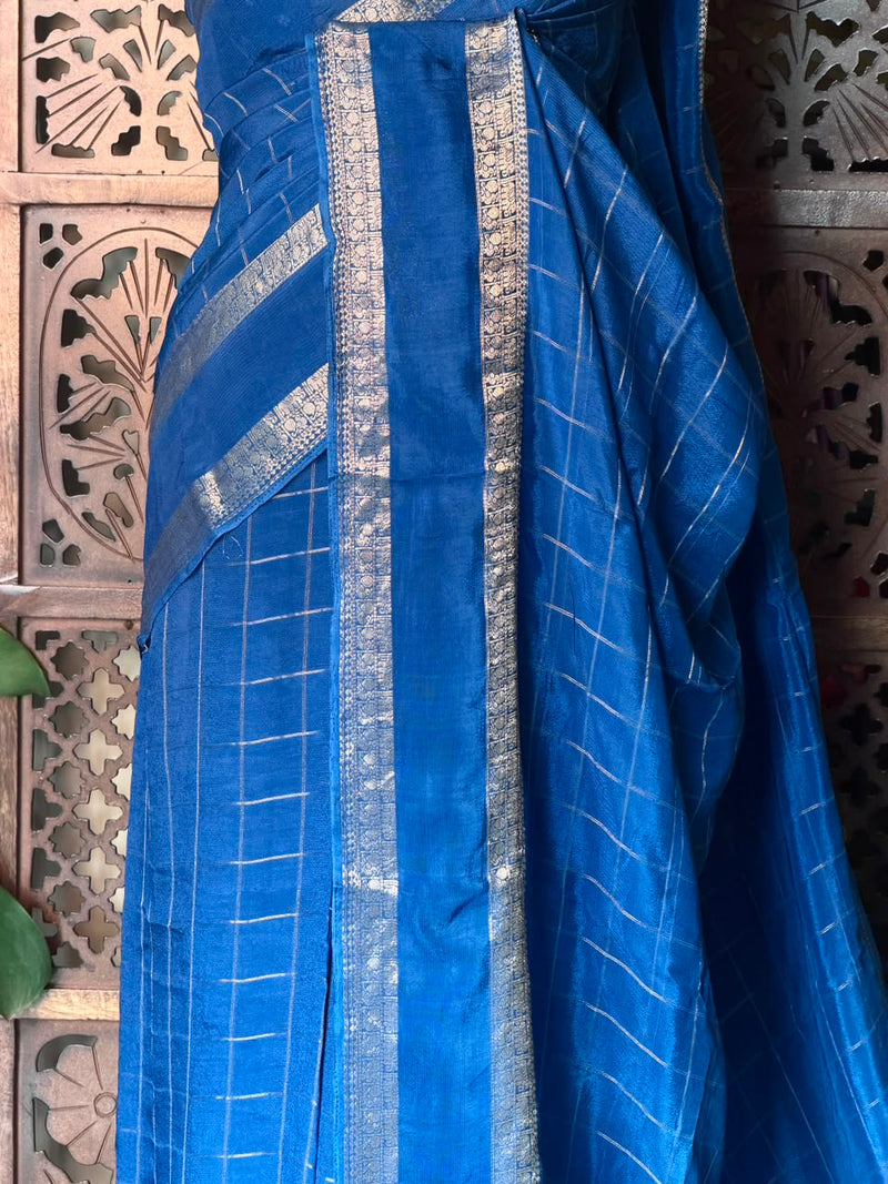 Royal Blue Viscose Crepe Saree with Silver Zari Border