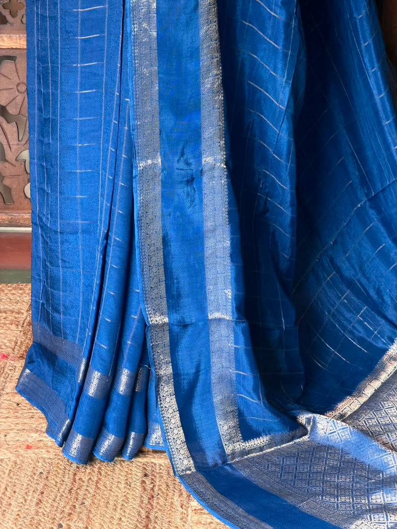 Royal Blue Viscose Crepe Saree with Silver Zari Border