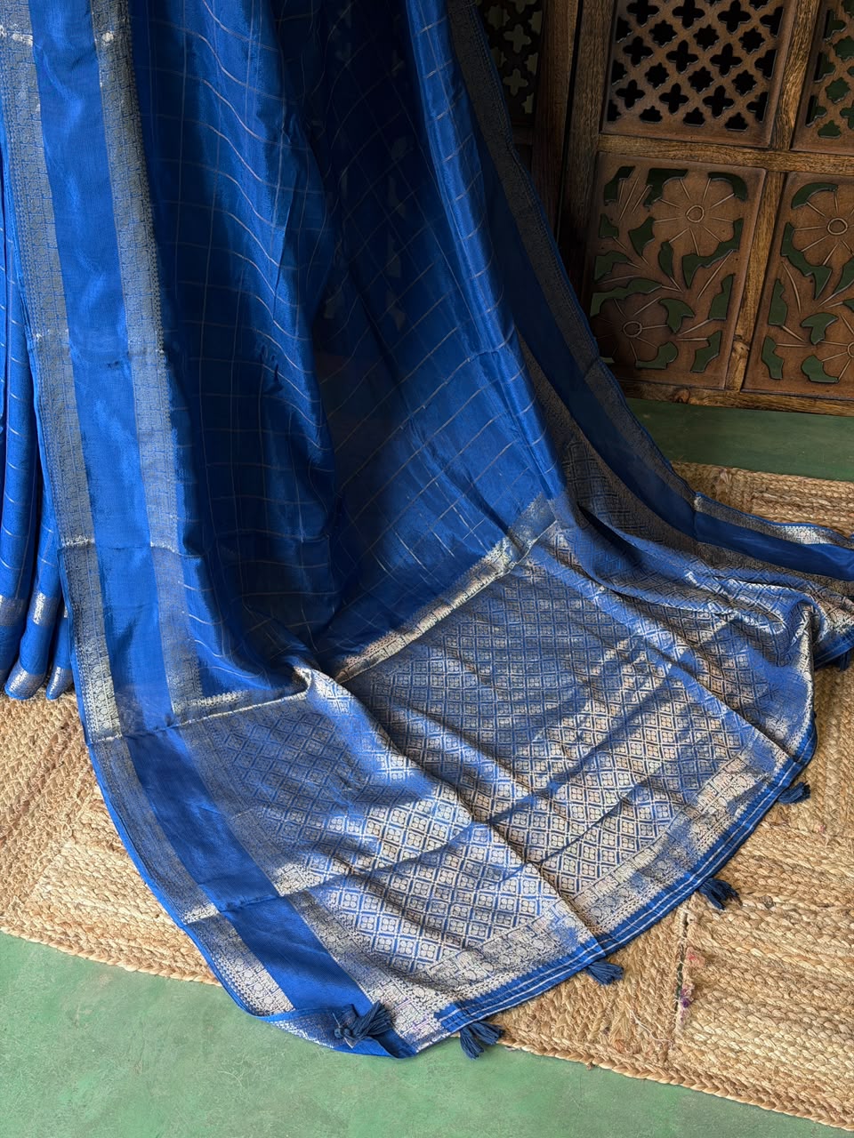 Royal Blue Viscose Crepe Saree with Silver Zari Border