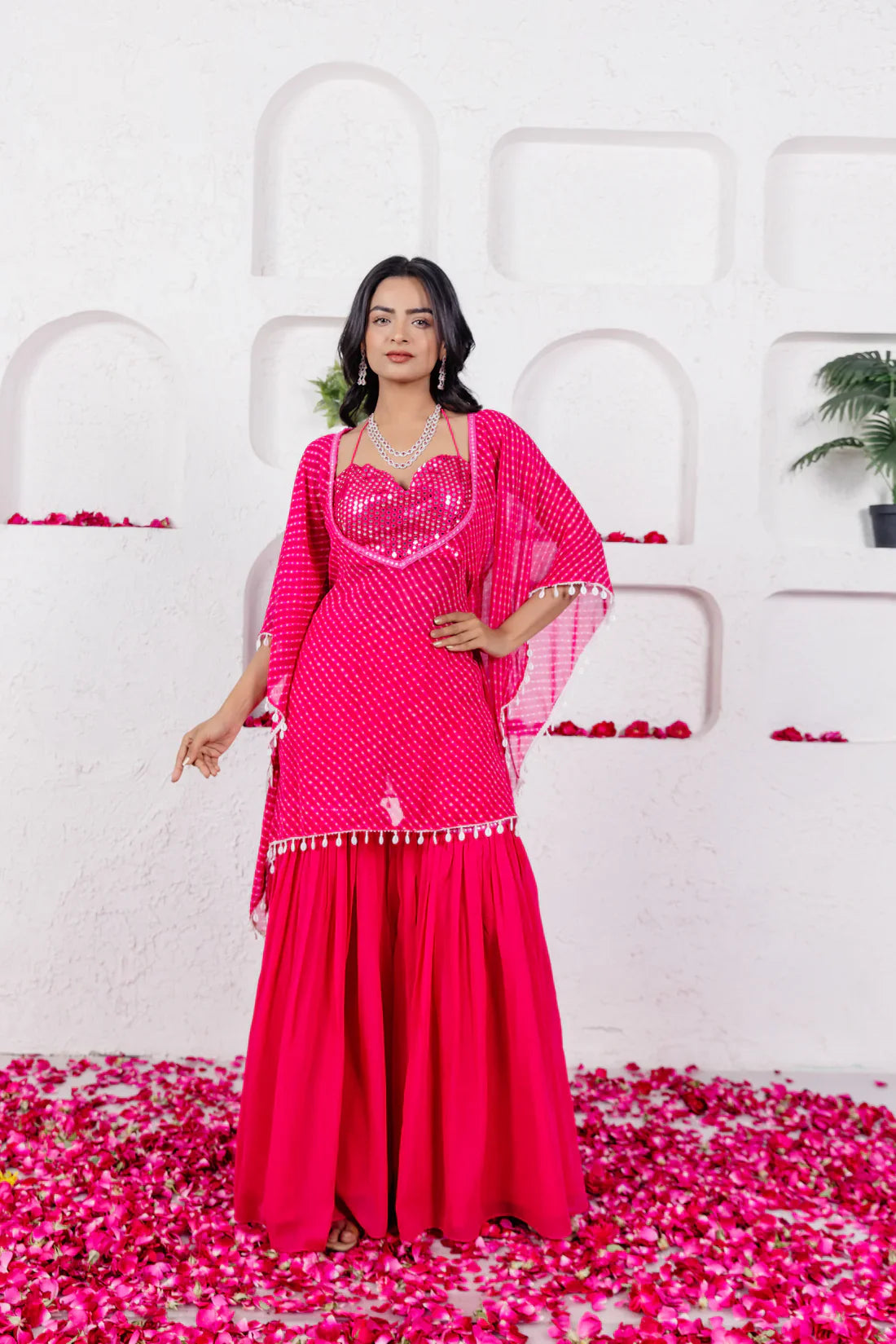 Leheriya Georgette Sharara Kaftan Set with Mirror