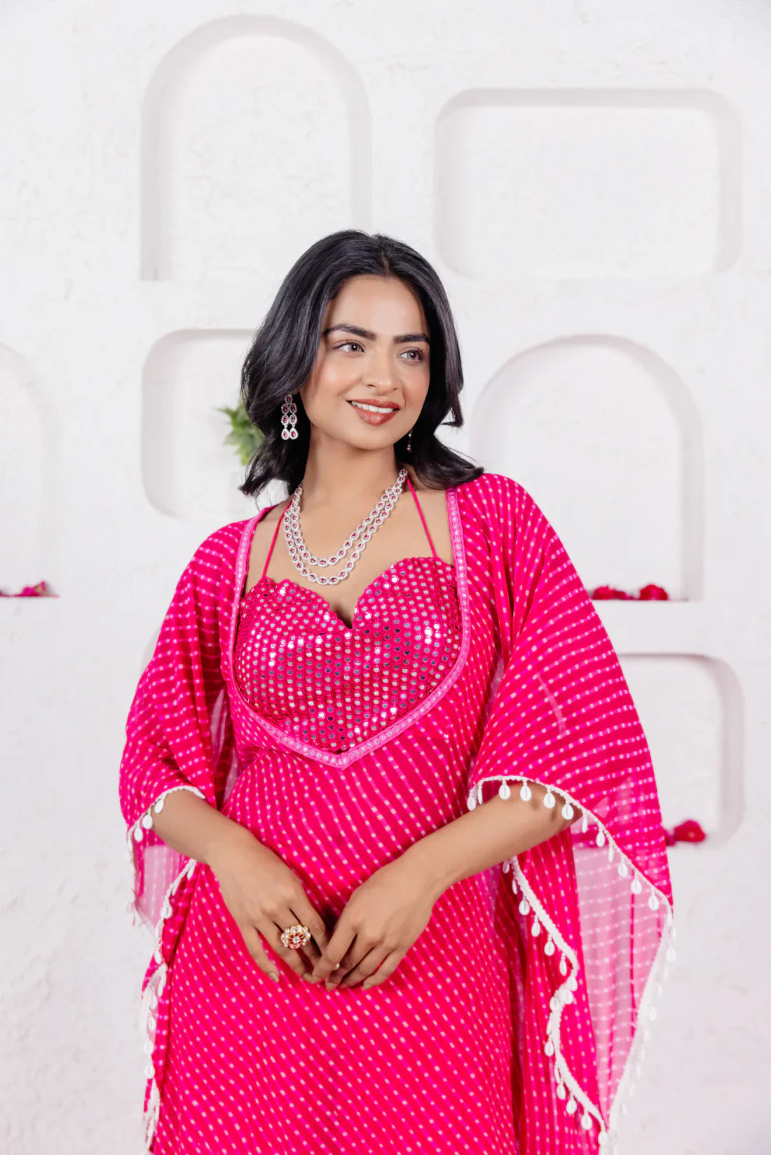Leheriya Georgette Sharara Kaftan Set with Mirror