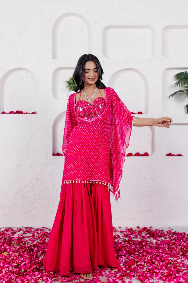 Leheriya Georgette Sharara Kaftan Set with Mirror
