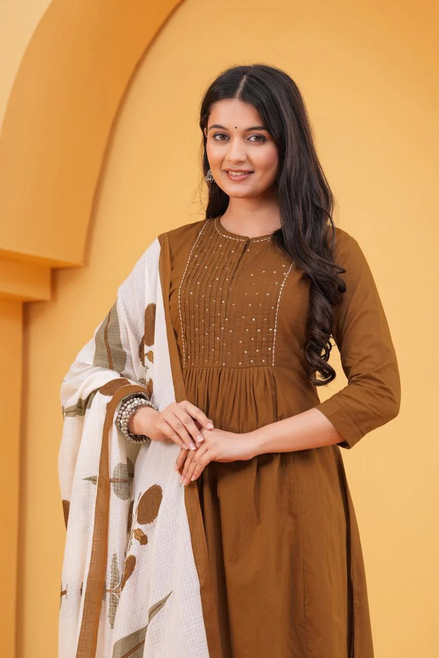 Rust Orange Pleated Cotton Suit Set with Dupatta