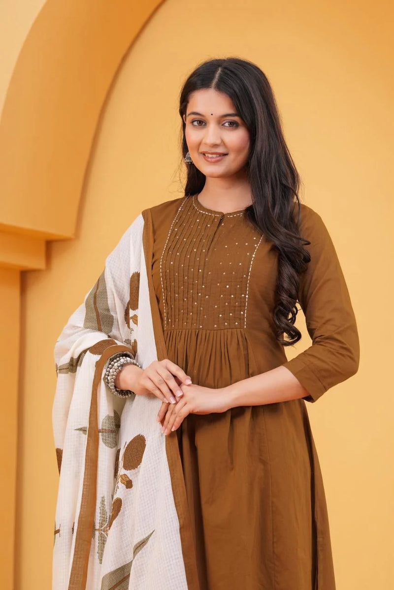 Rust Orange Pleated Cotton Suit Set with Dupatta