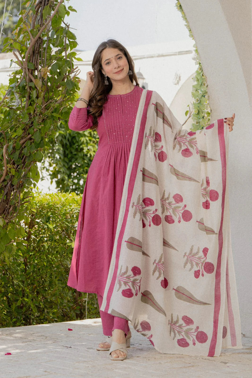 Rust Orange Pleated Cotton Suit Set with Dupatta