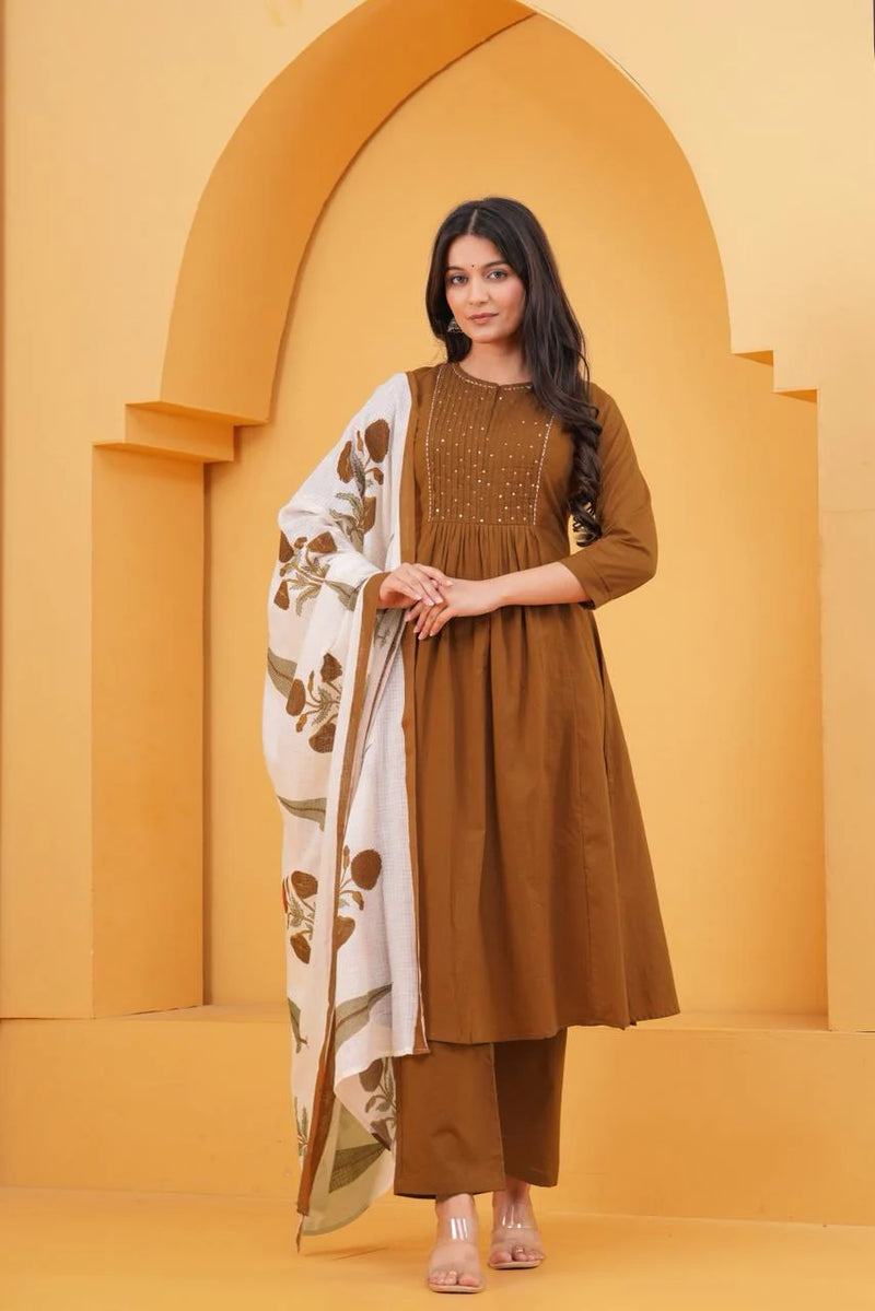 Rust Orange Pleated Cotton Suit Set with Dupatta