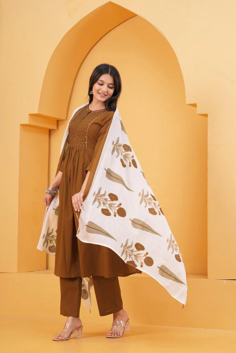 Rust Orange Pleated Cotton Suit Set with Dupatta