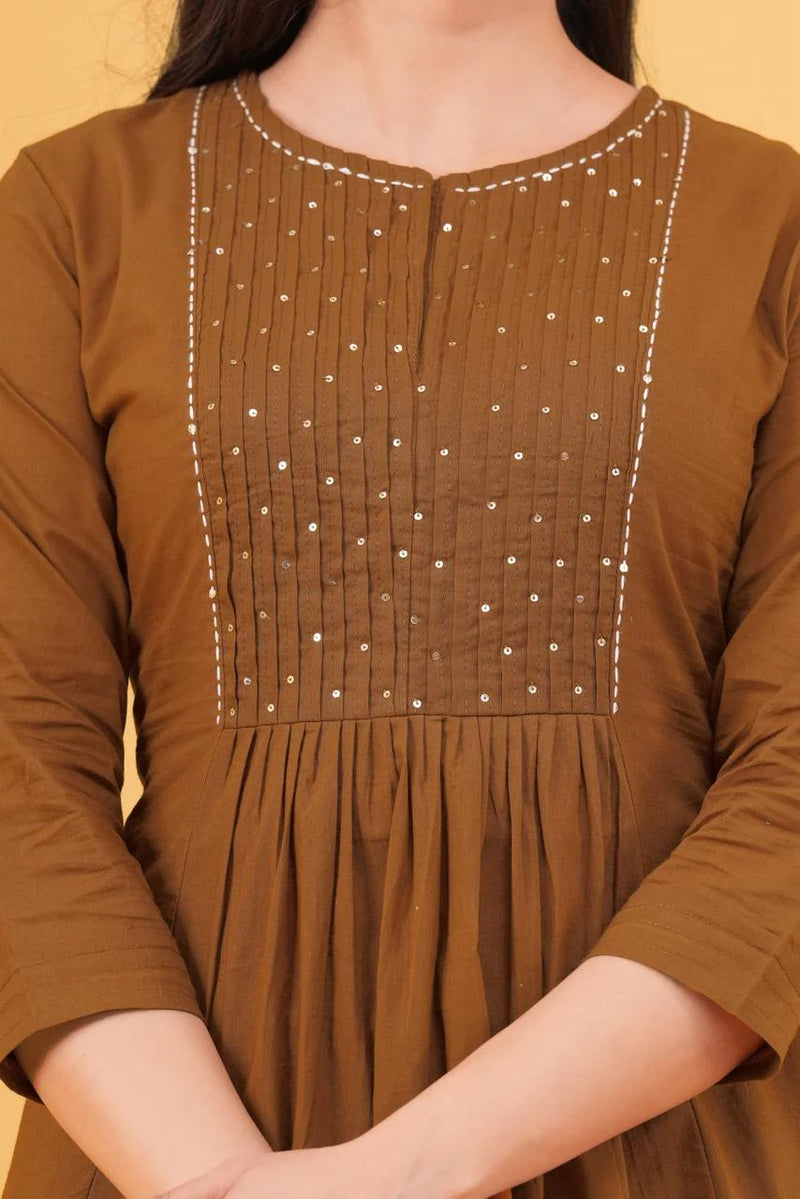 Rust Orange Pleated Cotton Suit Set with Dupatta