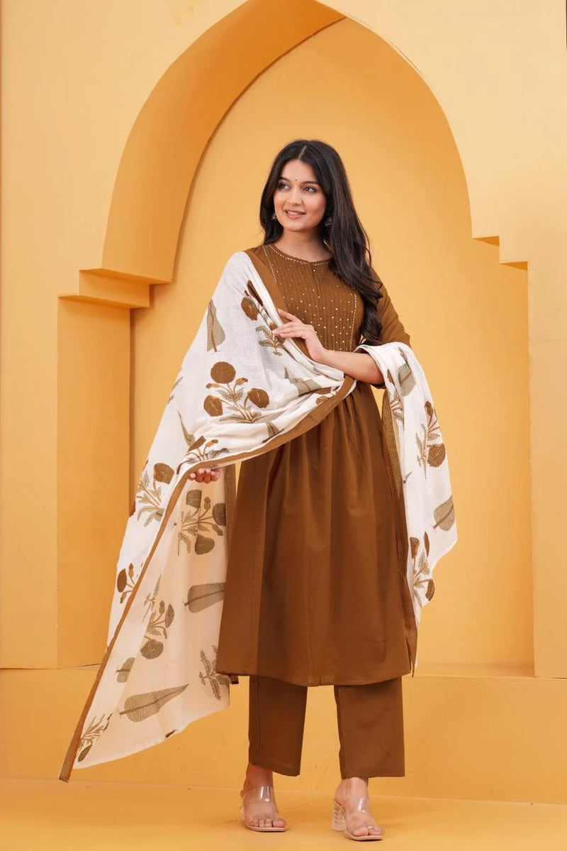 Rust Orange Pleated Cotton Suit Set with Dupatta