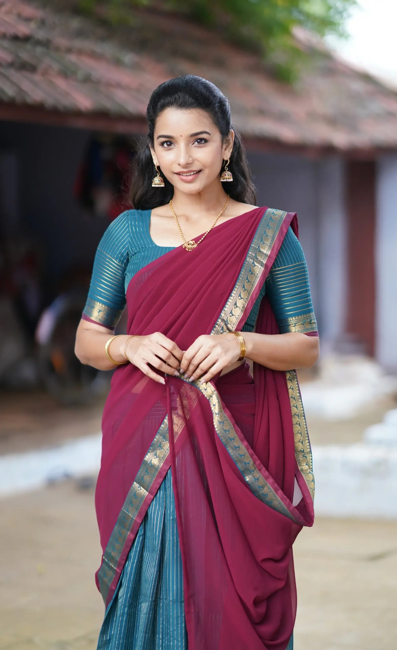 Padmaja Peacock Blue & Maroon Cotton Half Saree