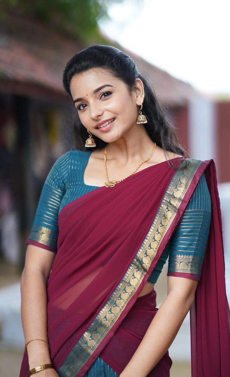 Padmaja Peacock Blue & Maroon Cotton Half Saree