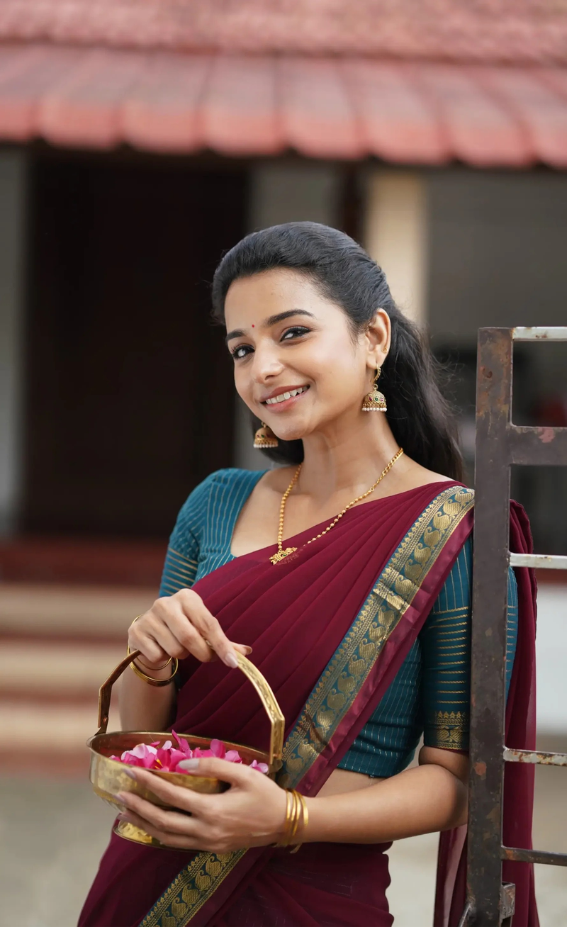 Padmaja Peacock Blue & Maroon Cotton Half Saree