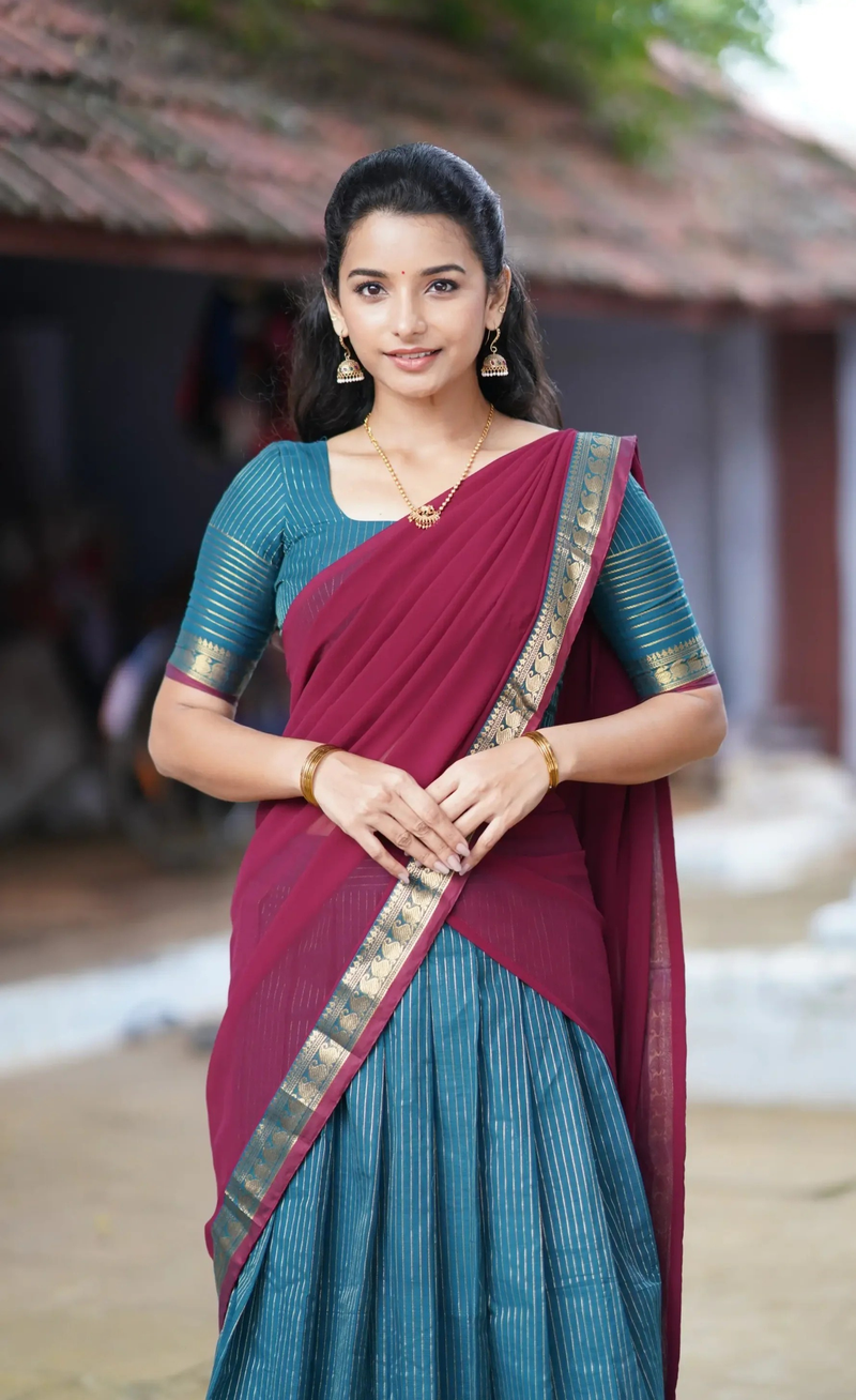 Padmaja Peacock Blue & Maroon Cotton Half Saree