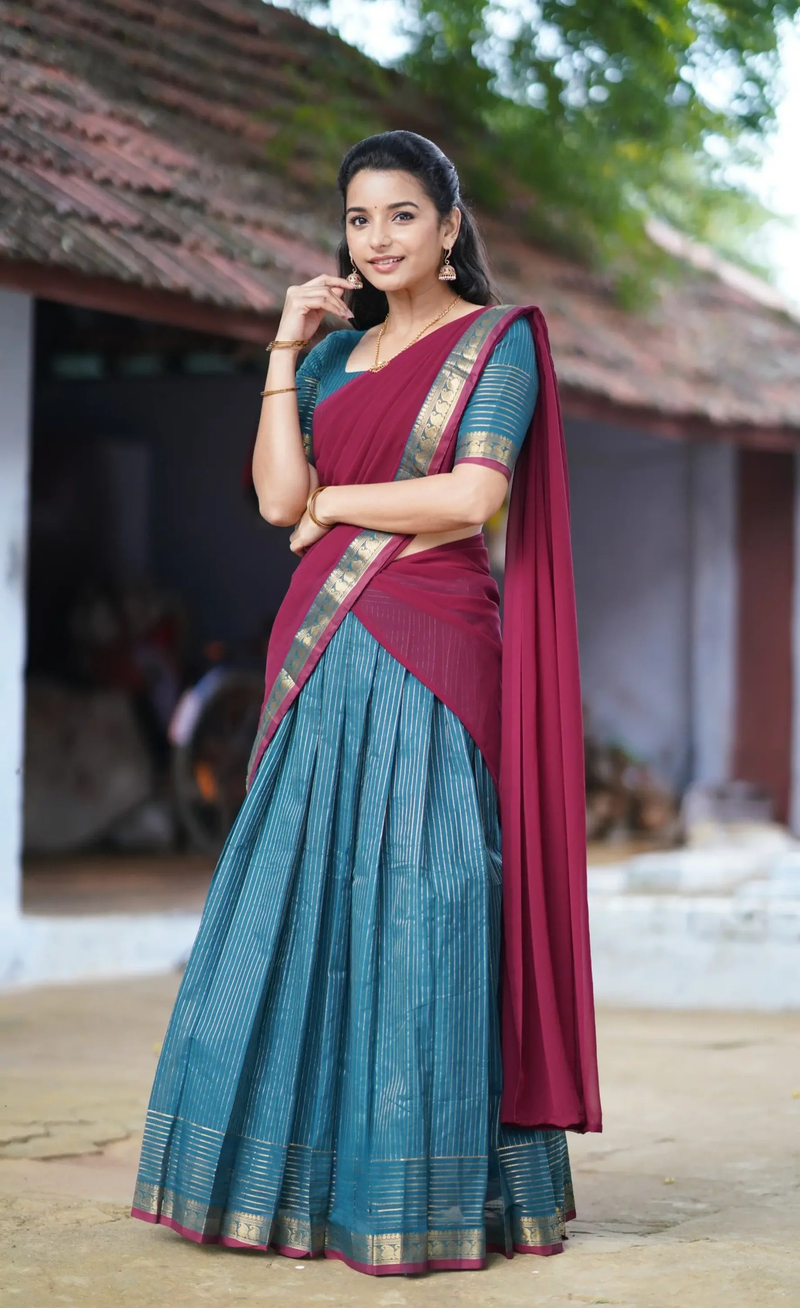 Padmaja Peacock Blue & Maroon Cotton Half Saree