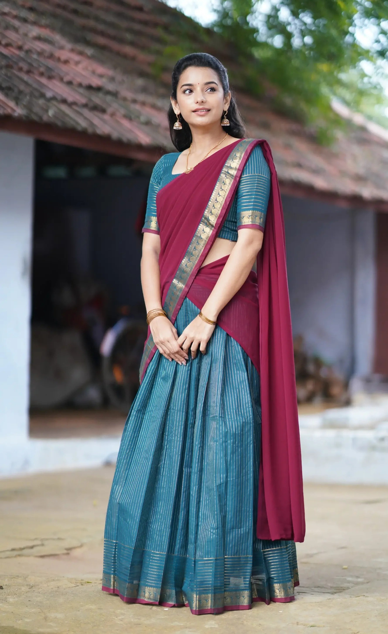 Padmaja Peacock Blue & Maroon Cotton Half Saree