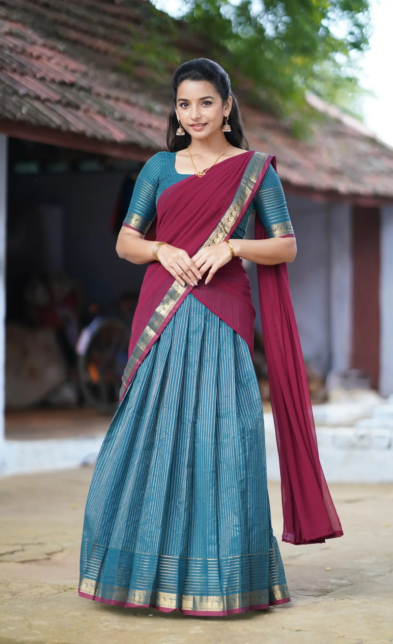 Padmaja Peacock Blue & Maroon Cotton Half Saree