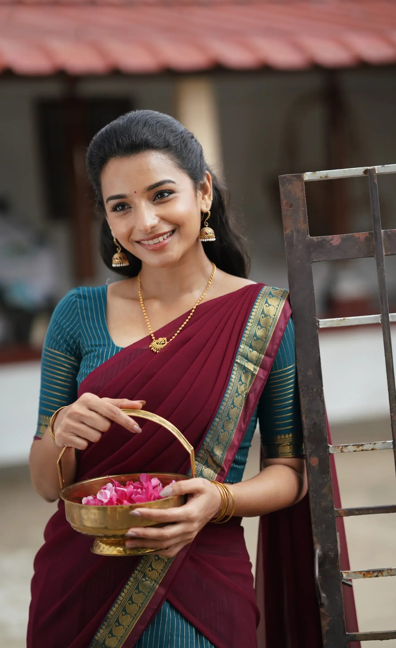 Padmaja Peacock Blue & Maroon Cotton Half Saree