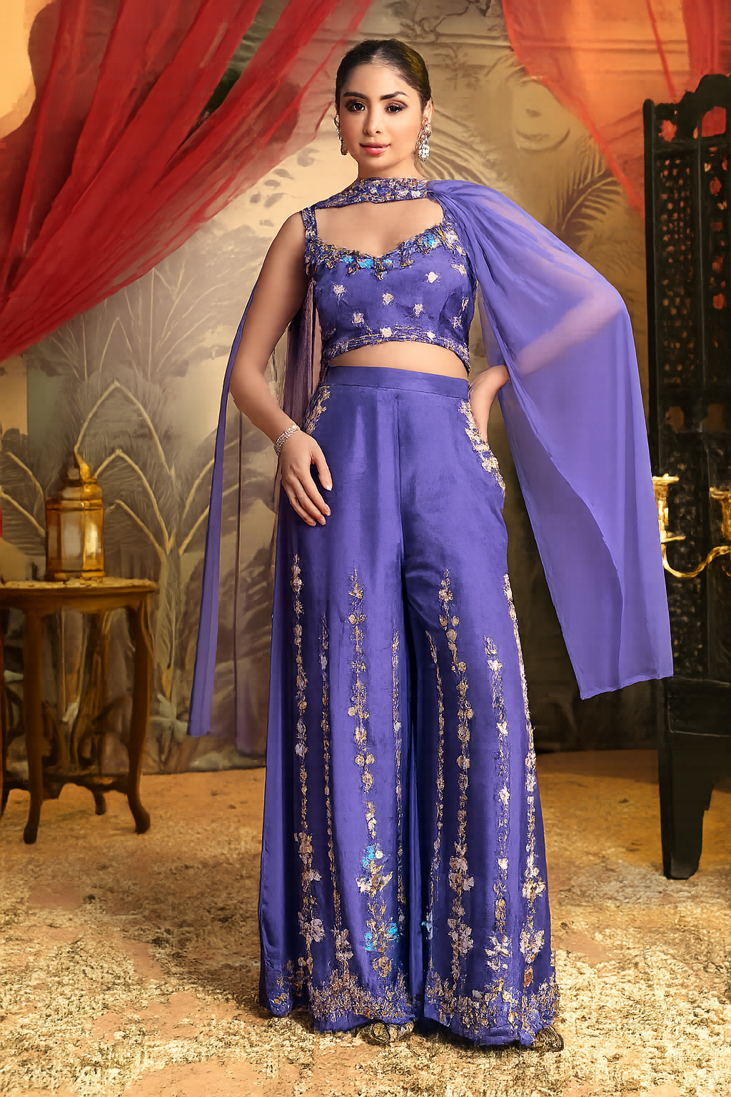 Royal Purple Dola Silk Palazzo Set with Handwork Detailing