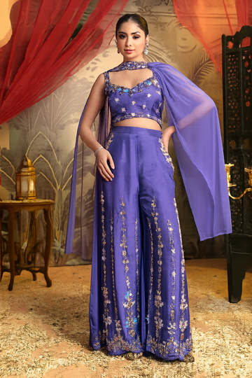 Royal Purple Dola Silk Palazzo Set with Handwork Detailing