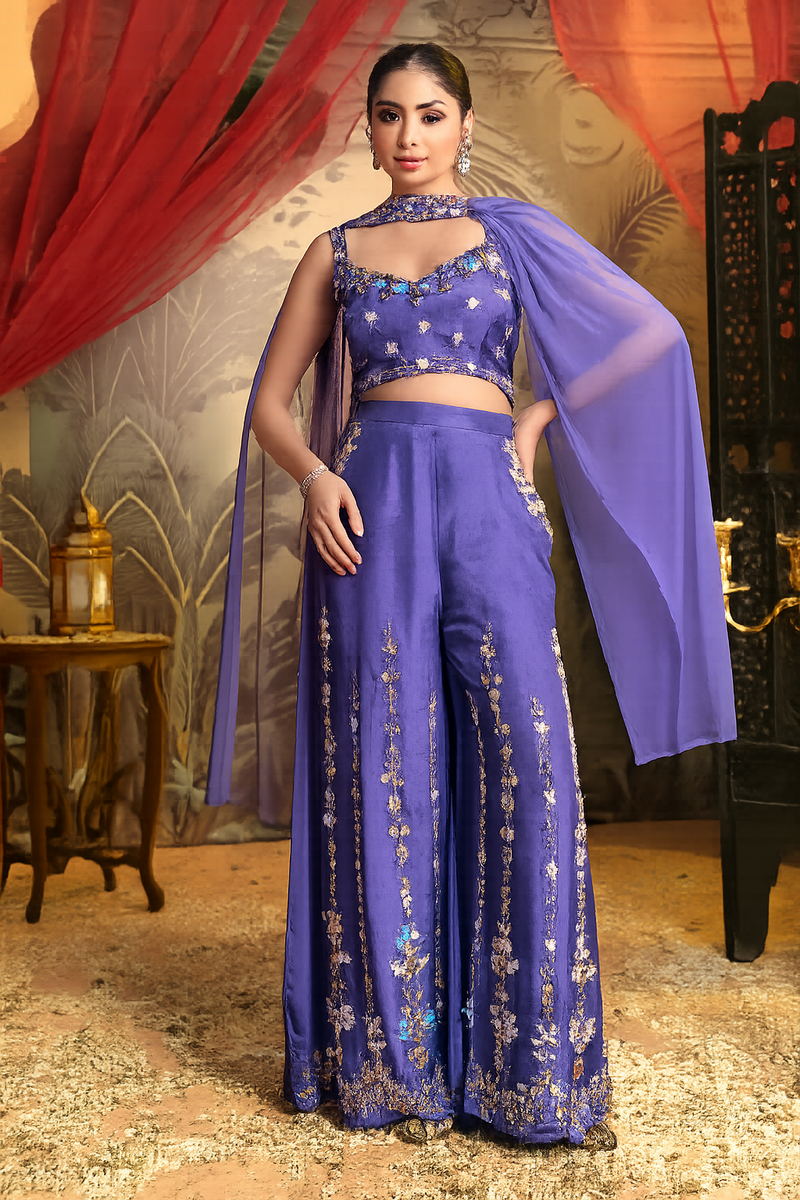 Royal Purple Dola Silk Palazzo Set with Handwork Detailing