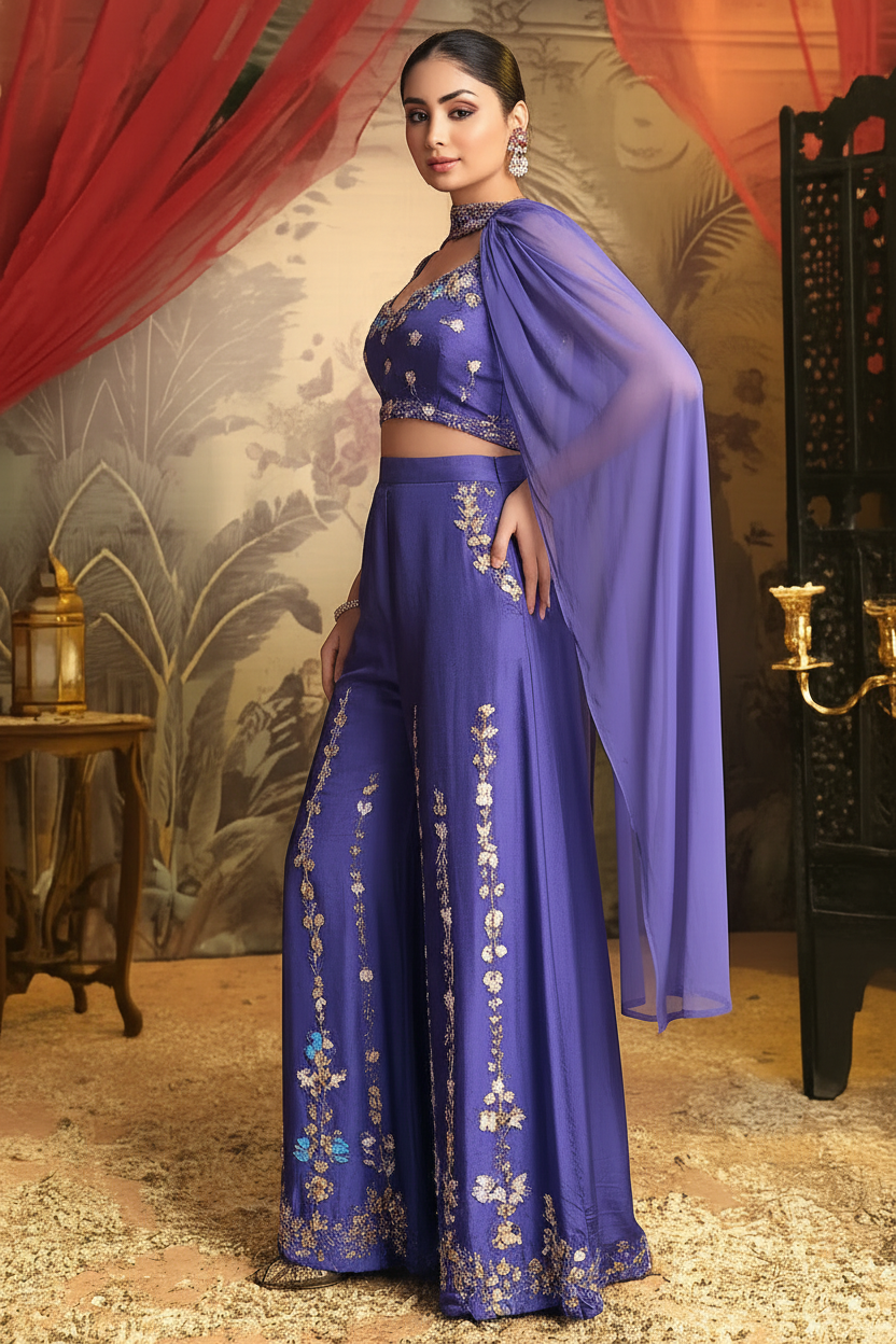 Royal Purple Dola Silk Palazzo Set with Handwork Detailing