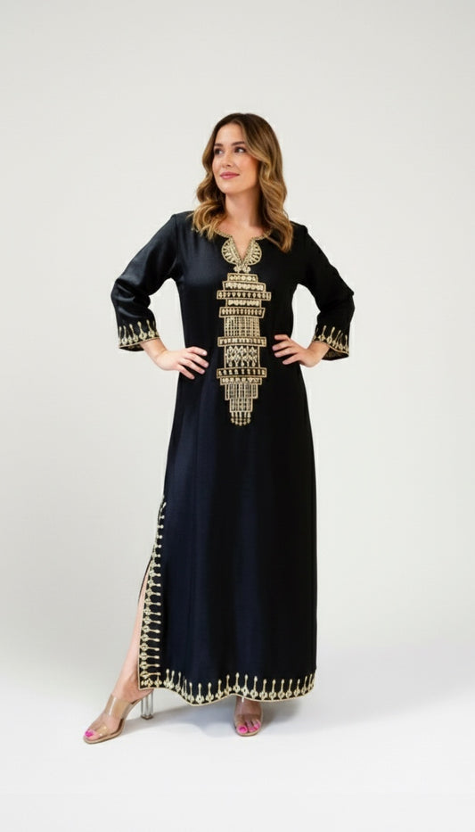 Party Black Viscose Raw Silk Kaftan Dress 697