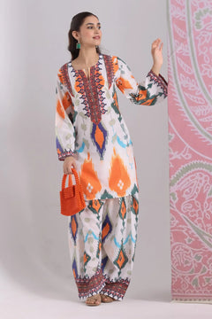 Ikat Printed Lawn Cotton Co-ord Set with Farsi Pants