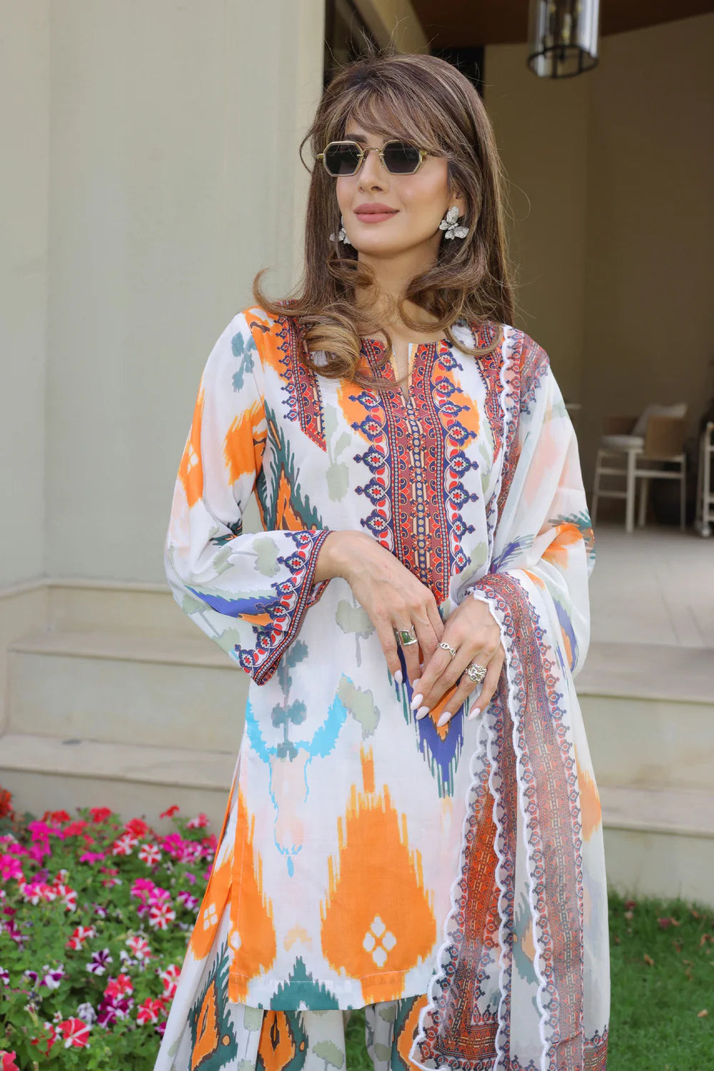 Ikat Printed Lawn Cotton Co-ord Set with Farsi Pants
