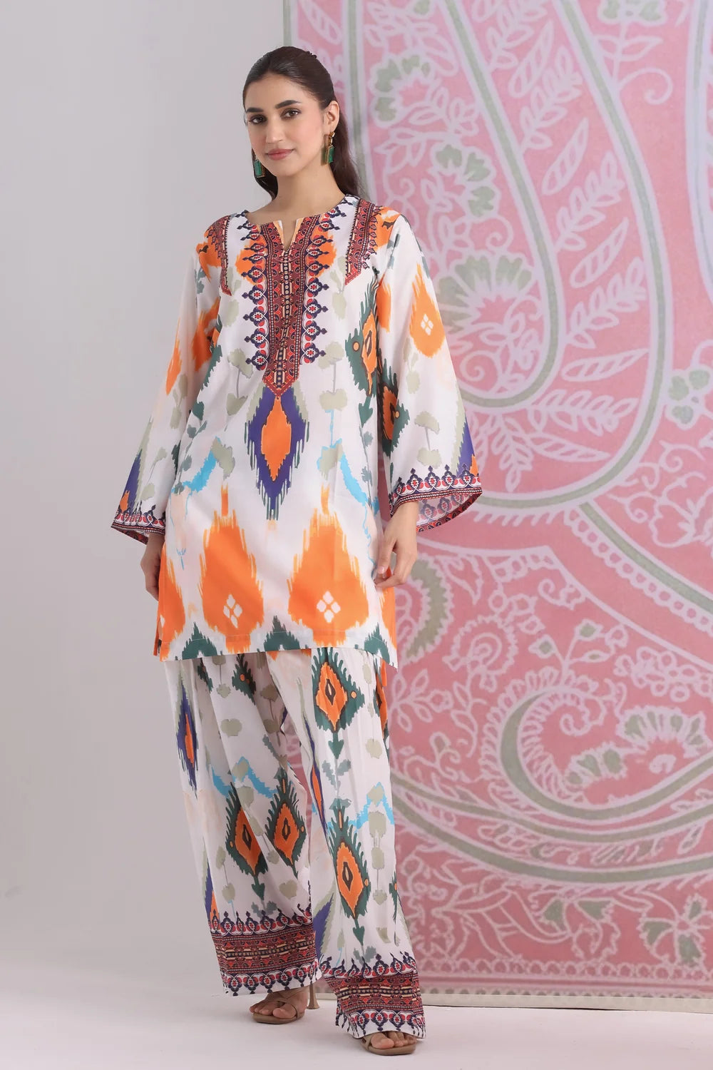 Ikat Printed Lawn Cotton Co-ord Set with Farsi Pants