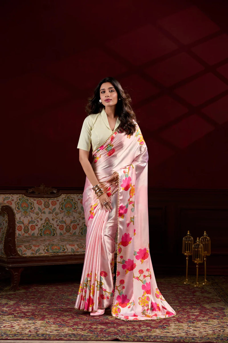Peachy Floral Pink Satin Ready to wear Saree