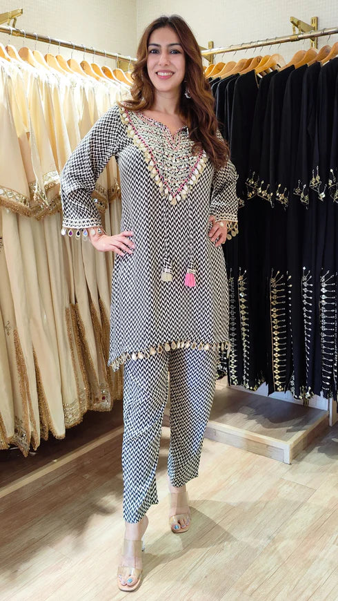 Black & White Premium Heavy Muslin Chevron Co-ord Set with Hand Embroidery