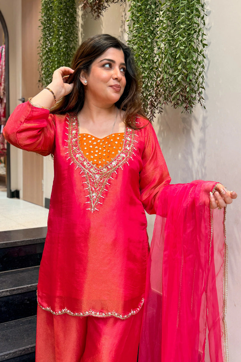 Hot Pink Shimmer Tissue Embroidered Suit Set
