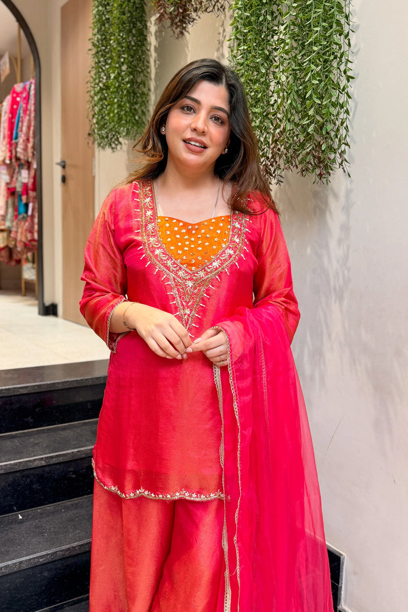 Hot Pink Shimmer Tissue Embroidered Suit Set