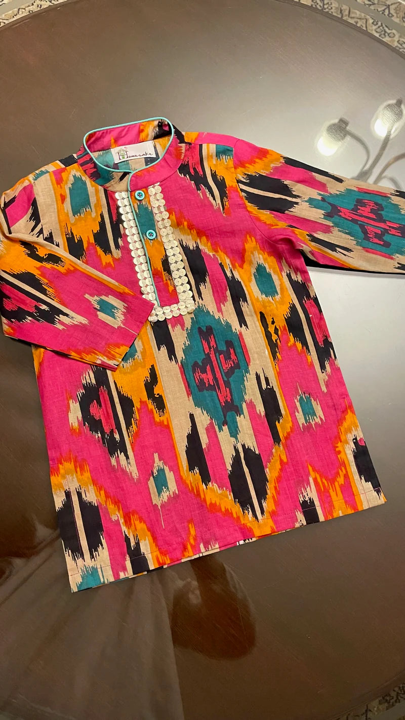 Pink Ikat Cotton Boys Kurta Set