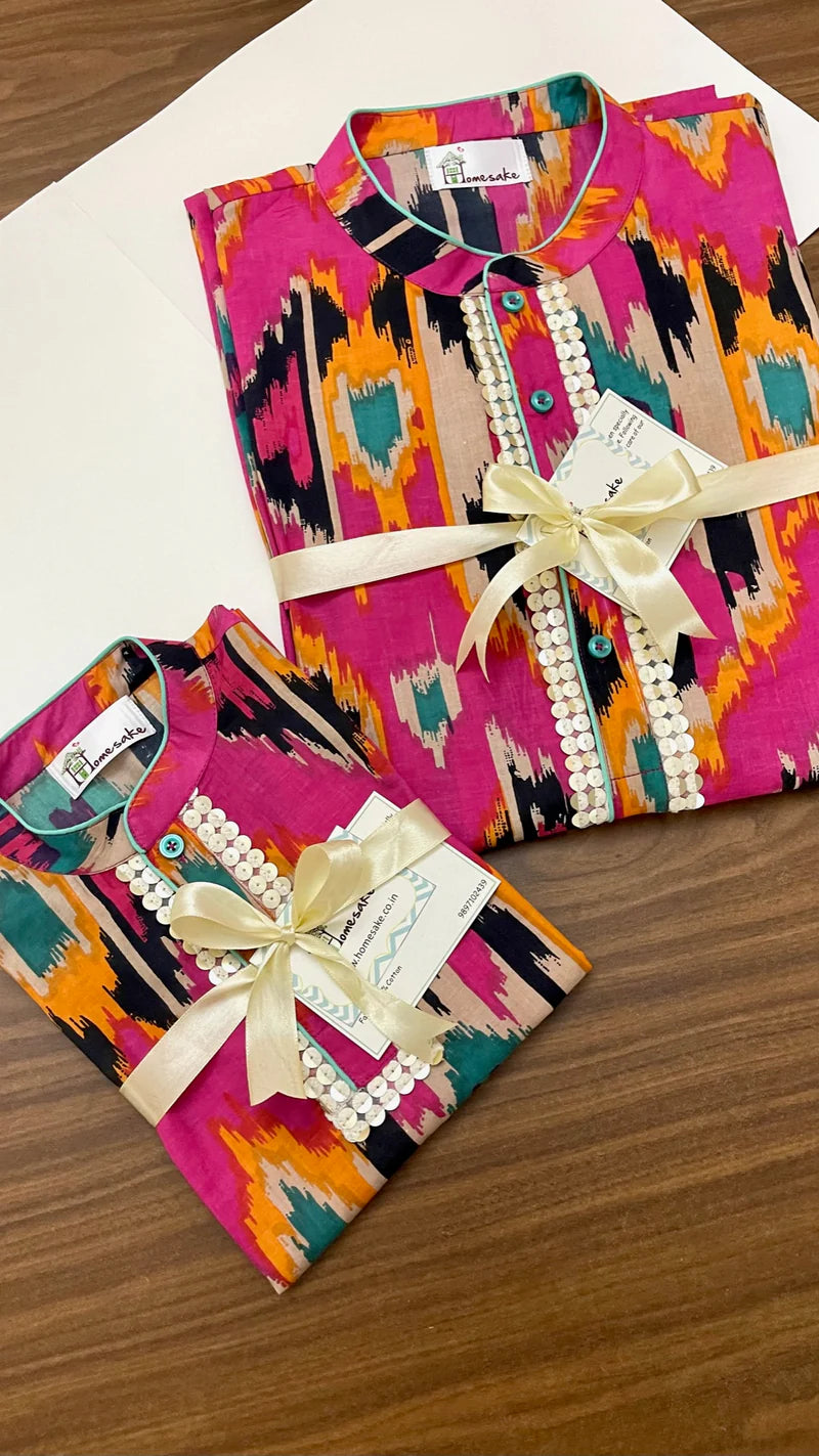 Pink Ikat Cotton Boys Kurta Set