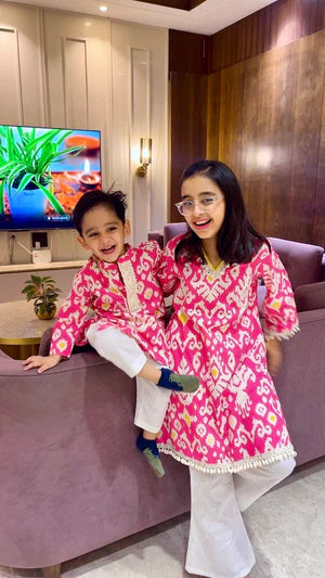 Pink Ikat Boys Kurta set