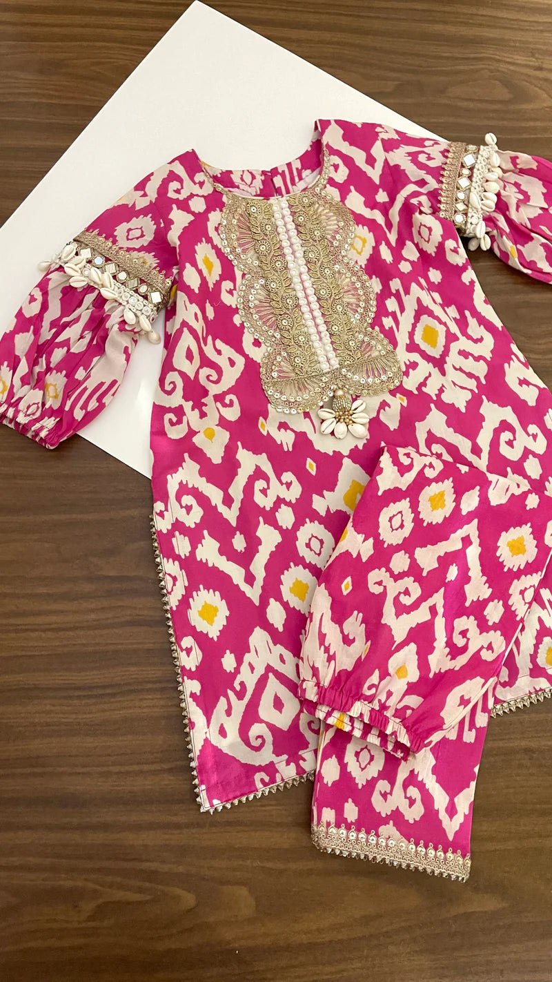 Pink Ikat Girl Kurta Pyjama set