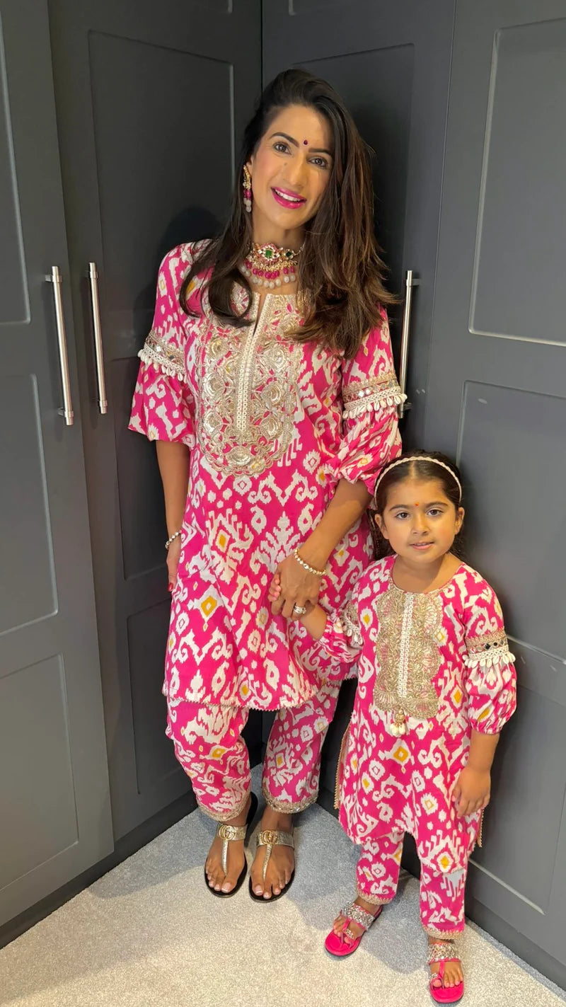 Pink Ikat Girl’s Kurta Pyjama set