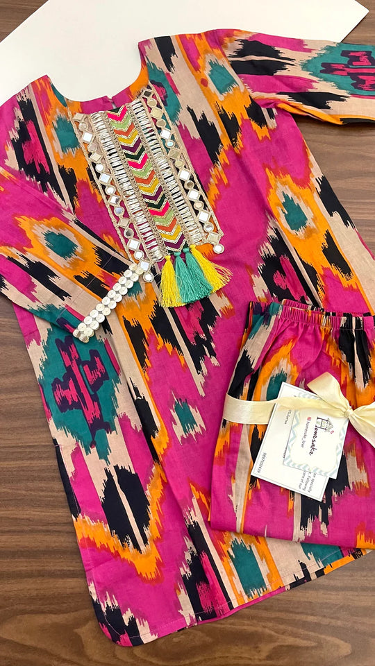 Pink Ikat Girls Kurta Set