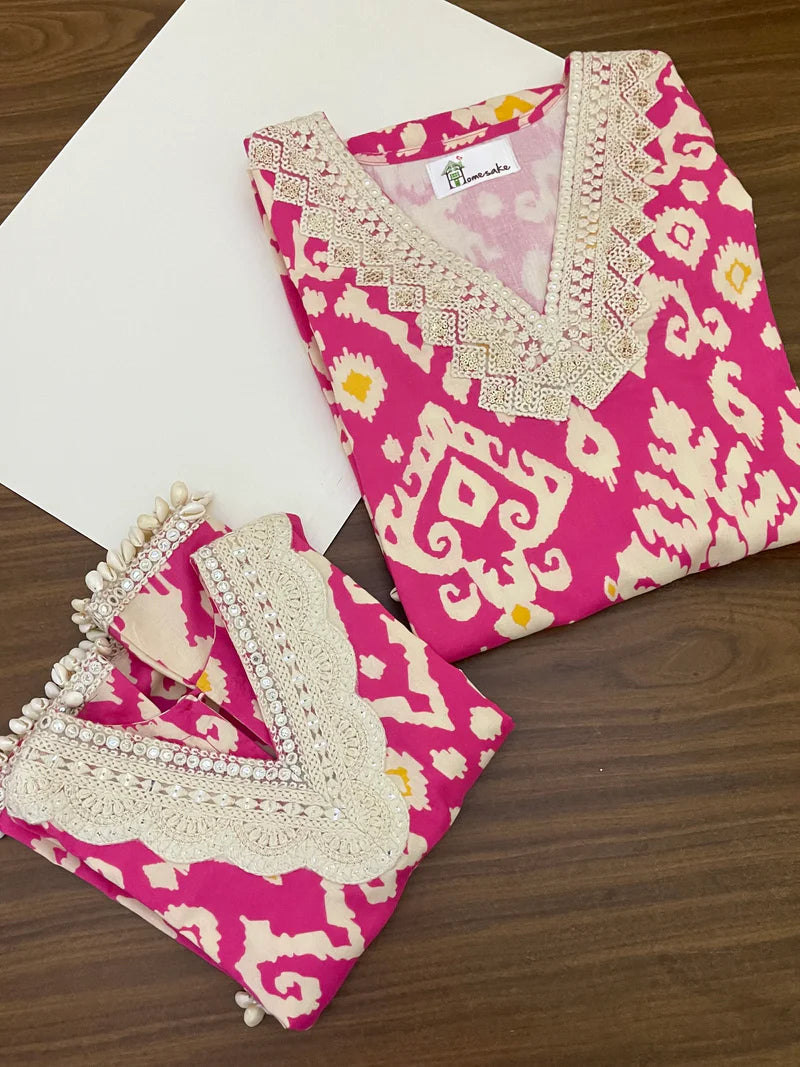 Pink Ikat Seashells Girls Kurta Set