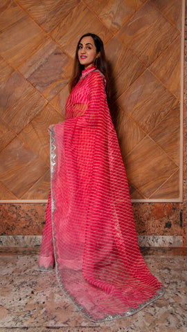 Pink Leheriya Organza Saree