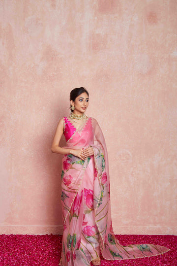 organza saree with lotus print
