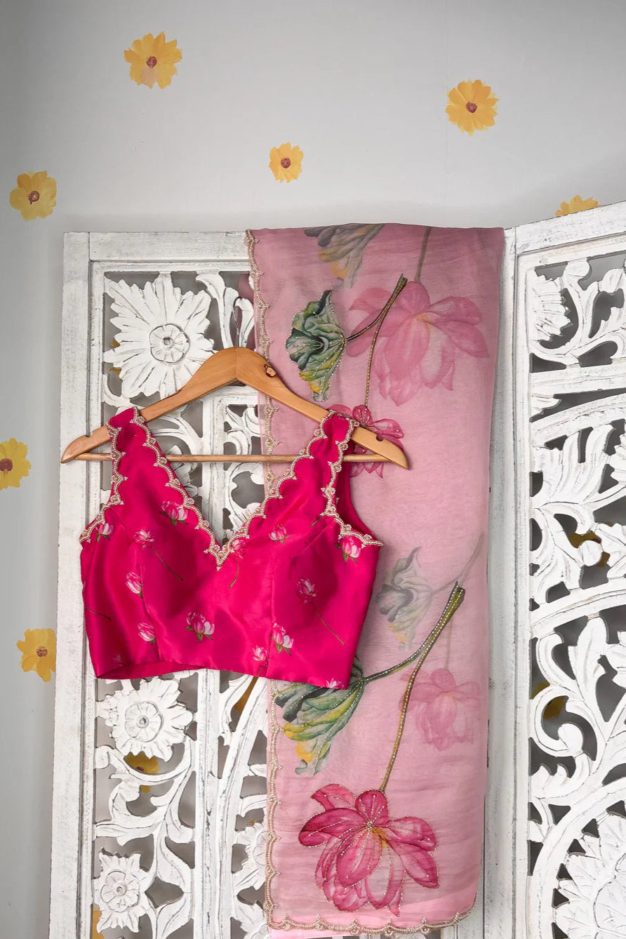 Pink silk saree without blouse