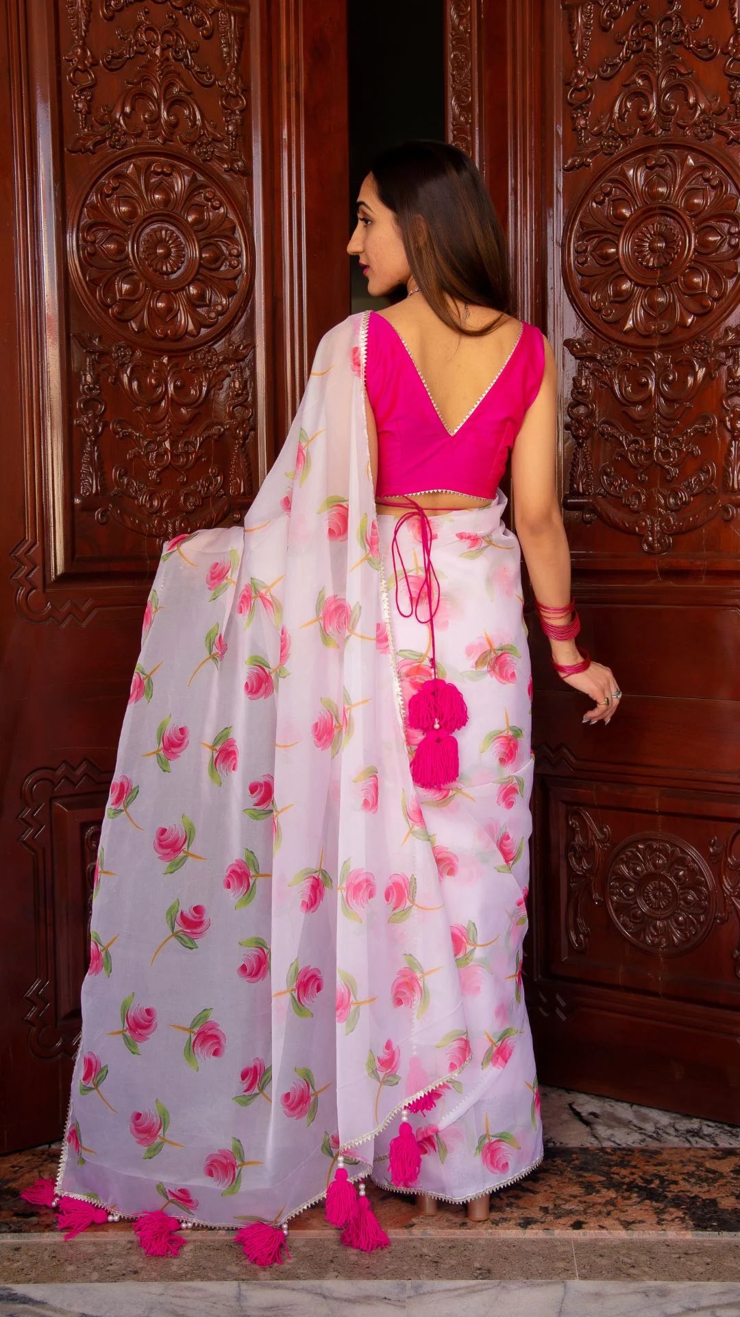 rose pink organza saree