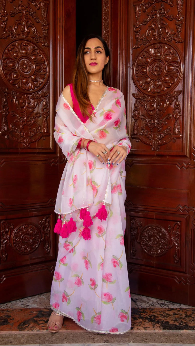 pink floral saree, festive wear saree