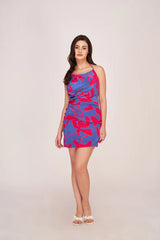 Pink and Blue Cowl Neck Satin Mini Dress