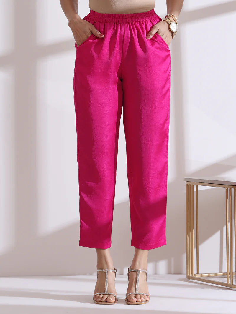 Hot Pink Straight Kurti Pant Set with Contrast Collar