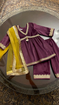 Plum Velvet Girls Kurta Set